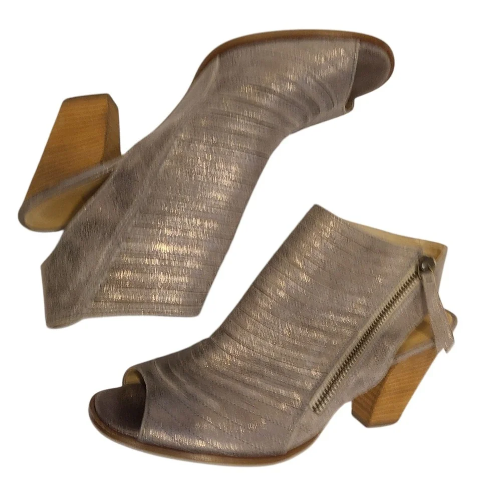Paul Green Metallic Taupe Peep Toe Booties UK 6.5 US 9 Leather Chunky‎ Heel